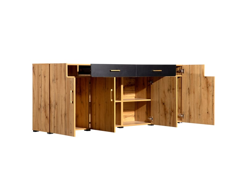 Buffet bas 208 x 39.5 x 80 cm, meuble de rangement pour cuisine et salon commode buffet, avec 4 portes et 2 tiroirs en bois de particules, marron  - Conforama D