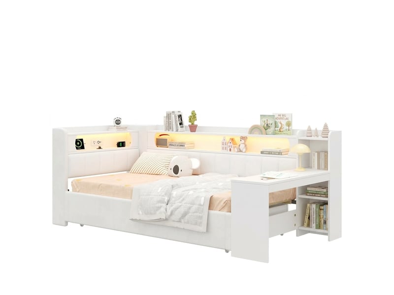  Lit de jour extensible gigogne 90x200 à 180x200 avec bureau led usb blanc  - Conforama A