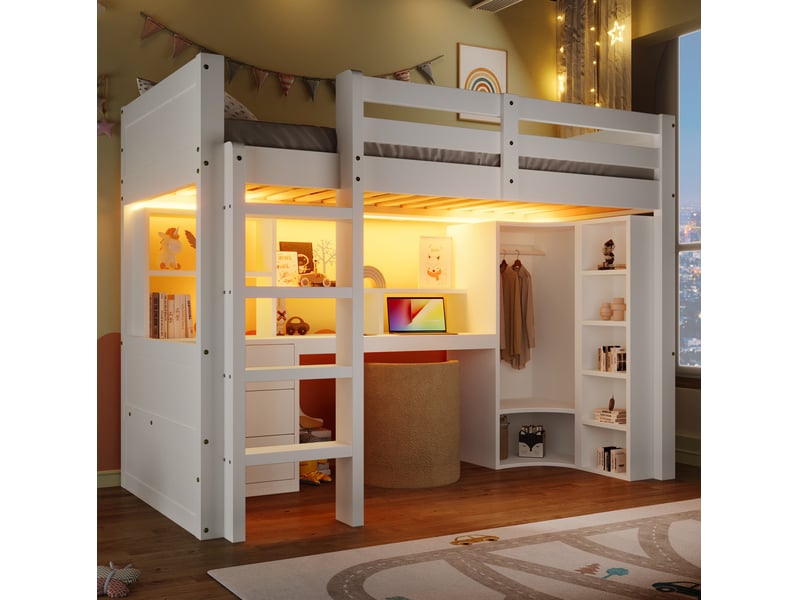  Modenvie lit mezzanine 90x200 cm - avec led, bureau et rangement, sans matelas - blanc  - Conforama D