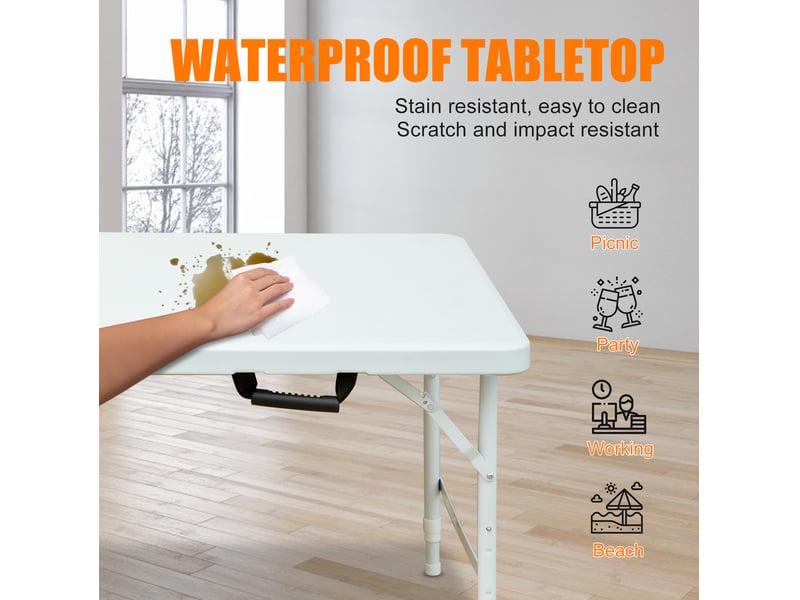  Table pliante portable 125 x 61 cm blanche, hauteur réglable 58-74 cm, avec poignée, pour intérieur et extérieur  - Conforama D