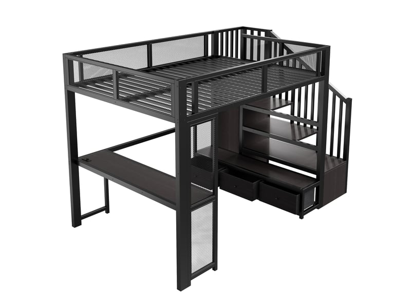  Lit mezzanine 140 × 200 cm 2 places avec bureau, 3 tiroirs, led et port usb, sans matelas, métal noir  - Conforama E