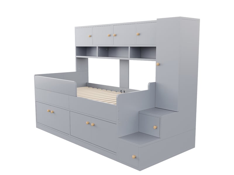 Lit mezzanine enfant 90 × 200 cm avec rangement, armoire et led, sans matelas, en bois, gris  - Conforama E