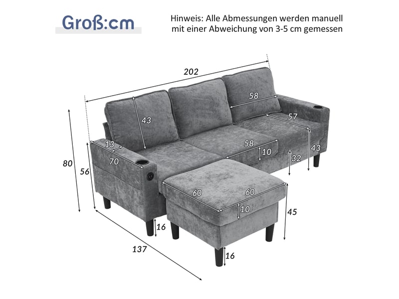  Canapé d'angle modenvie modulable gris en lin avec pouf, usb, type-c et porte-gobelets 202 x 137 x 80 cm  - Conforama C