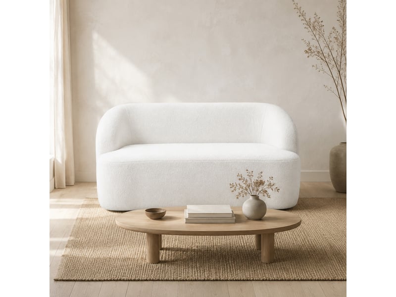  Canapé 2 places 142 x 85 cm blanc crème en polyester, dossier 16 cm, base antidérapante pour salon  - Conforama D