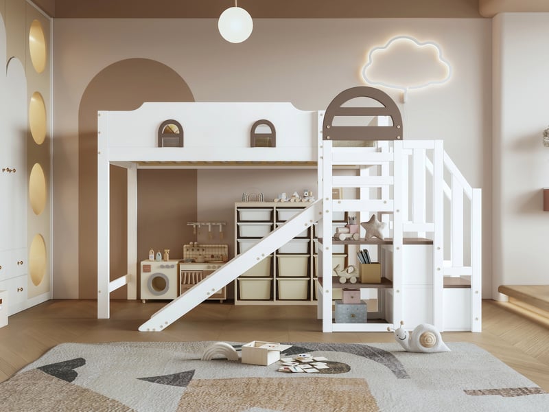 Lit superposé enfant avec toboggan fenêtre et escalier rangement 90x200 cm blanc et brun pin et mdf couchage sécurité Sol Morn - Conforama B