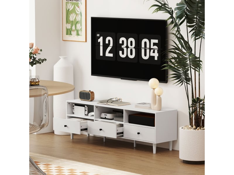  Meuble tv avec 3 tiroirs et 3 niches ouvertes, passe-câbles, téléviseur 75 pouces, 140×34×45 cm, en bois, blanc  - Conforama C