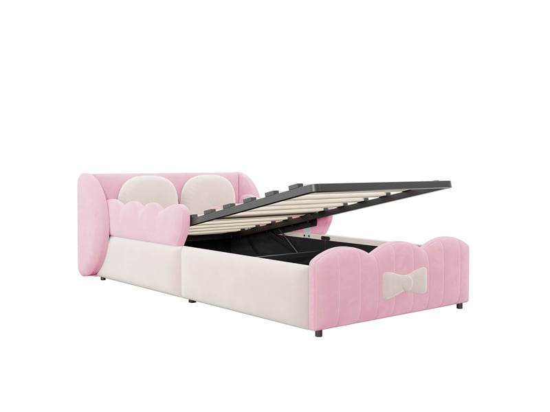  Lit simple capitonné enfant 90x200 cm,lit rembourré coffre hydraulique,velours,rose-tête de lit en ailes,2 coussins décoratifs  - Conforama A
