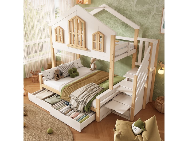 Lit superposé cabane 90x200140x200cm avec toit diamant, escalier de rangement, étagères et sommiers, certifié en 747, sans matelas, bois blanc evarich - Conforama E