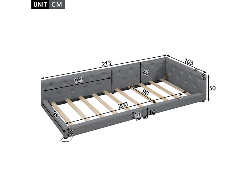  Lit enfant canapé-lit 90x200 cm avec led 7 couleurs, usb et type-c intégrés, dossier à boutons, lin et mdf, gris, sans matelas  - Conforama C
