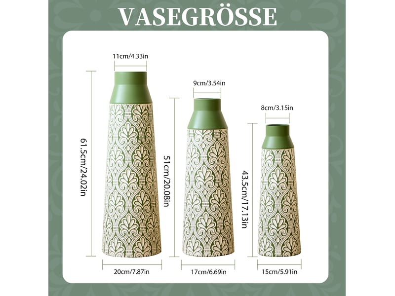  Vases décoratives sur pied 3 pièces h. 61,55143,5 cm – vert – métal à motif rétro pour fleurs séchées  - Conforama B