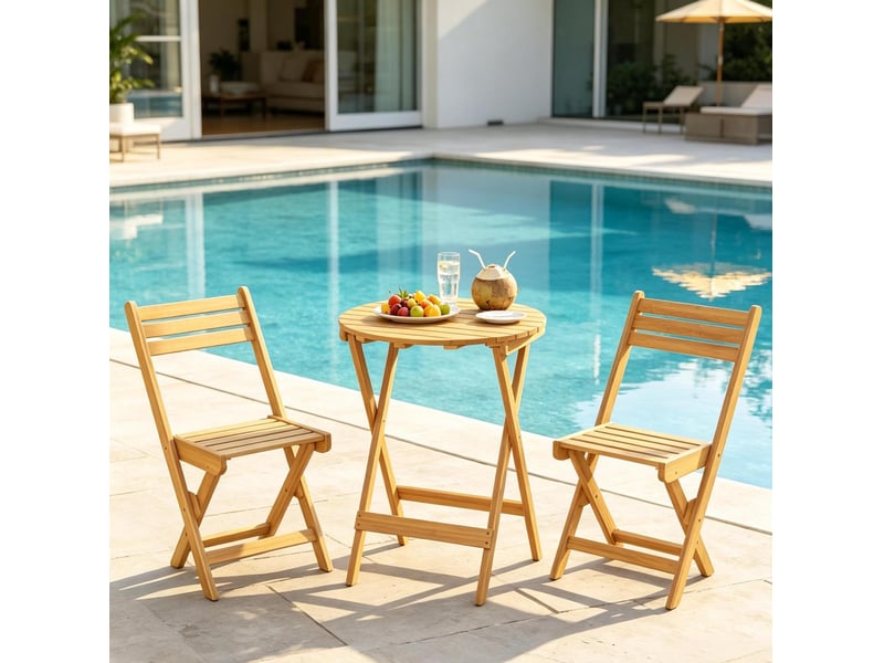  Salon de jardin pliant 2 places, table ronde 60 cm et 2 chaises en bois d'acacia naturel, prêt à déplier  - Conforama D