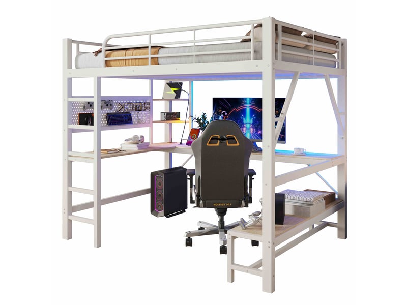 Lit mezzanine 160x200 cm avec bureau, led, usb type-c, étagères et panneau perforé, cadre métal et mdf avec échelle et garde-corps - blanc - Conforama A