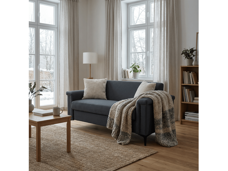 Canapé droit fixe 2 places gris foncé en tissu, ressorts ensachés et style scandinave pour le salon - Conforama B