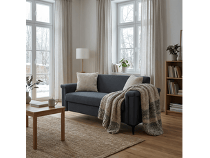 Canapé droit fixe 2 places gris foncé en tissu, ressorts ensachés et style scandinave pour le salon