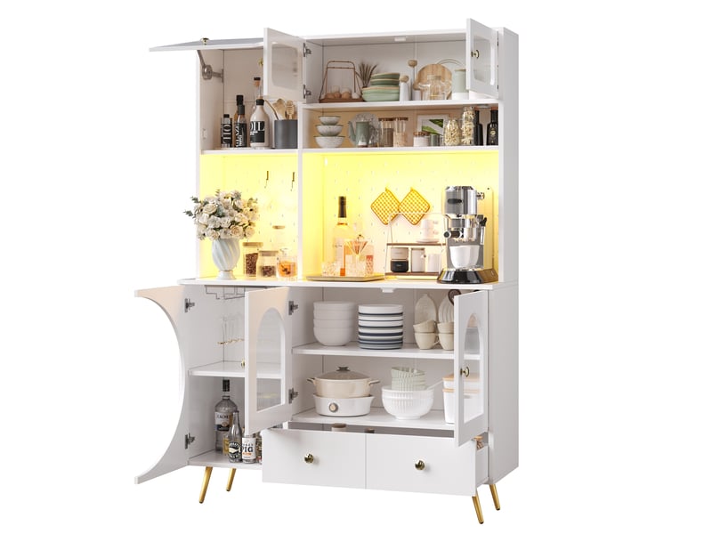 Buffet haut 120x40x176 cm blanc en mdf, verre et métal, led, prises usb, rangement cuisine - Conforama A