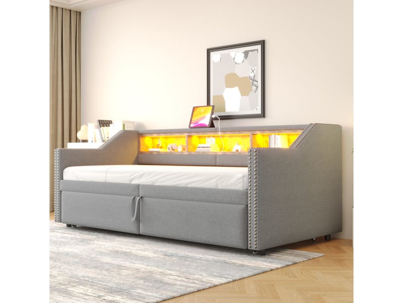 Lit enfant gigogne 90 x 200 cm, rangement latéral led et prise usb, sommier à lattes, tissu lin, gris clair sans matelas - Conforama B
