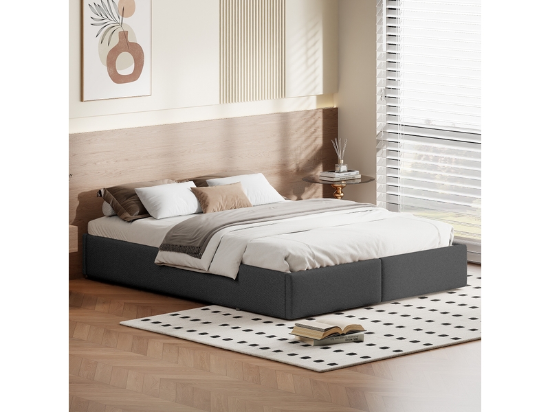 Lit 160 x 200 cm rembourré avec coffre de rangement et 2 tiroirs, lit double hydraulique sans tête de lit, revêtement en lin, gris, sans matelas - Conforama C