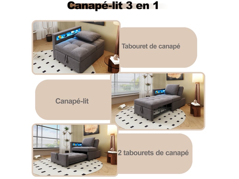  Canapé droit convertible 2 places lin led gris foncé canapé gris foncé - Conforama D