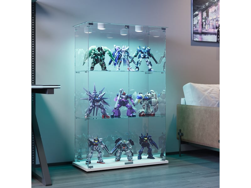  Vitrine en verre 3 niveaux double porte - blanc - 78,5 x 35 x 123,5 cm - armoire d'exposition avec éclairage led et base blanche  - Conforama E
