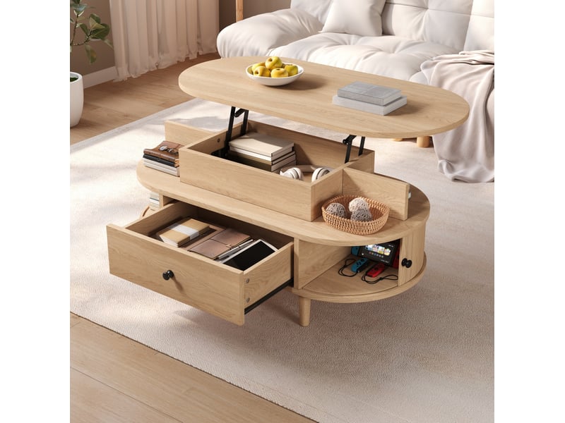  Table basse relevable 105x50x60,5 cm ovale avec rangement coloris naturel  - Conforama D