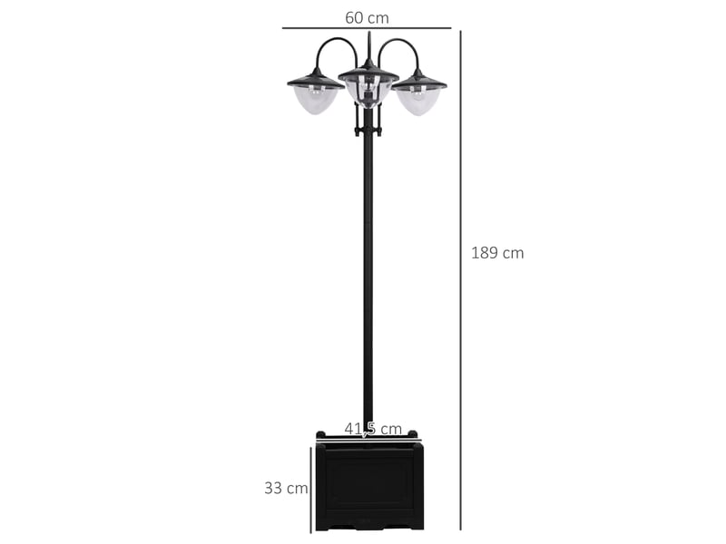  Lampadaire solaire métal, lanterne jardin variateur, 189 cm, anti-vent, ip44, socle pot fleurs, noir.  - Conforama E