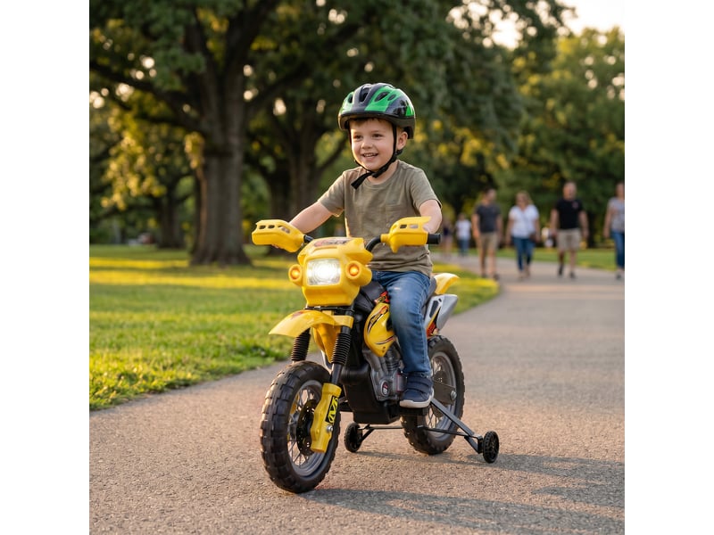  Moto électrique pour enfants de 3 à 6 ans avec stabilisateurs amovibles, phares et musique, jaune.  - Conforama C