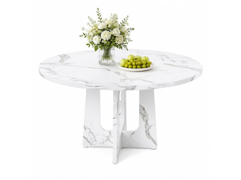  Table à manger ronde, 120x76 cm, pour 4 à 6 personnes décor marbre, repas, salle à manger, pratique, mdf, coloris blanc  - Conforama A