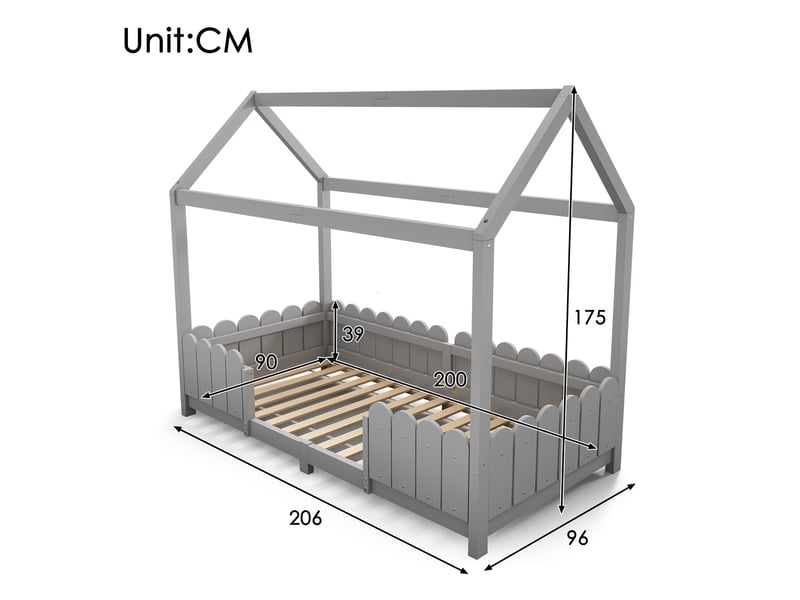 Lit cabane enfant 90x200 cm, garde-corps et sommier, design minimaliste, bois gris, sans matelas  - Conforama C
