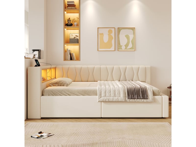  Lit superposé 90x200 cm, lit enfant, couchage d'appoint, rangement hydraulique, étagères, led, port usb, lin beige  - Conforama R