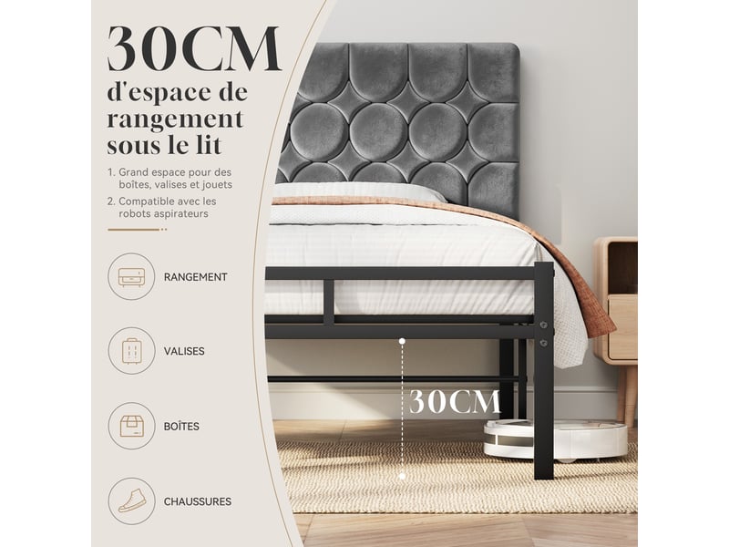 Lit 1 personne 90x200 cm, 32 cm d'espace de rangement sous le lit, cadre de lit rembourré avec sommier à lattes métalliques, gris  - Conforama D