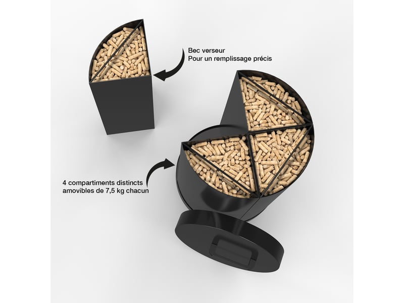  Réservoir à granulés rond 30 kg noir 4 compartiments détachables avec bec verseur rangement à pellets 35 x 35 x 63,5 cm  - Conforama D