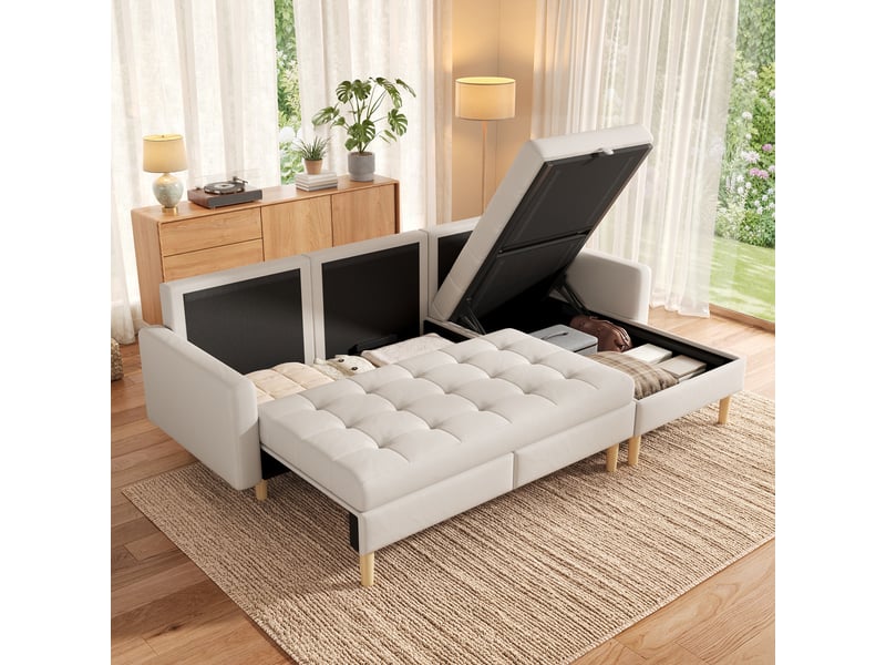 Canapé d'angle beige 3 places, canapé en l avec méridienne réversible et double rangement, 212 x 130 x 86 cm - Conforama D