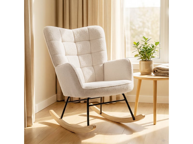  Fauteuil à bascule, chaise à bascule, rocking chair, revêtement bouclette, 71x98x101cm, beige  - Conforama C