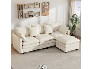 Canapé d'angle en l beige 3 places avec méridienne 212 x 150 x 90 cm chenille et coussins inclus