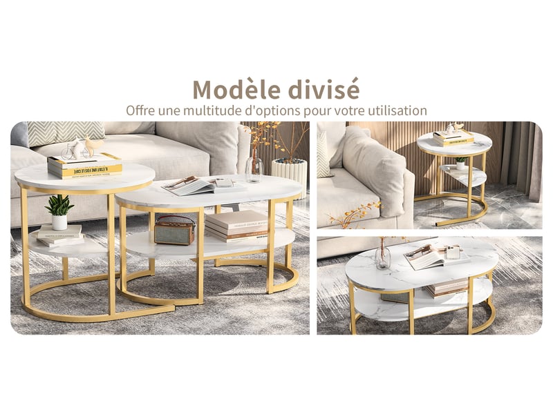  Able basse gigogne - 80 x 46 x 41 cm et 52 x 52 x 51 cm - doré - ensemble de 2 tables de salon avec plateau effet marbre et étagères de rangement  - Conforama E
