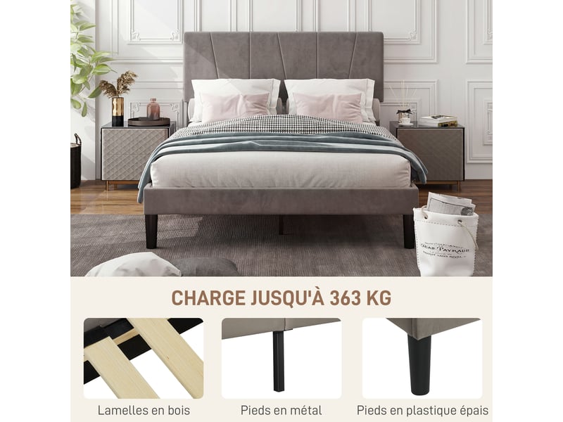  Cadre de lit double 140 x 190 cm lit 2 personnes tête de lit réglable sommier 150 x 198 x 100105110115gris 120 cm  - Conforama R