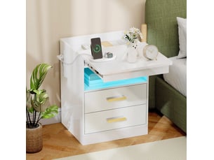 Table de chevet tcqpz 45 x 40 x 59 cm avec station de charge rgb led 2 tiroirs blanc brillant