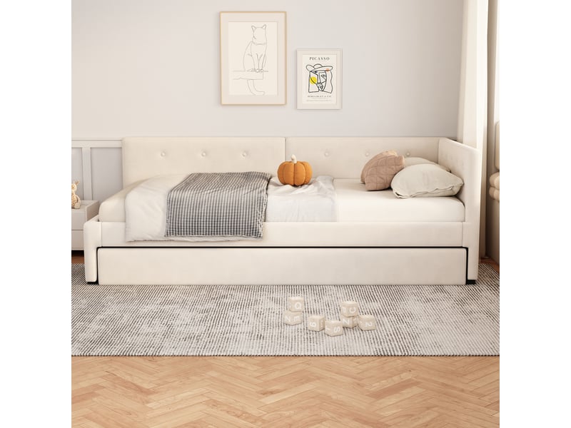  Lit gigogne 90x200 cm avec couchage coulissant en velours beige  - Conforama D