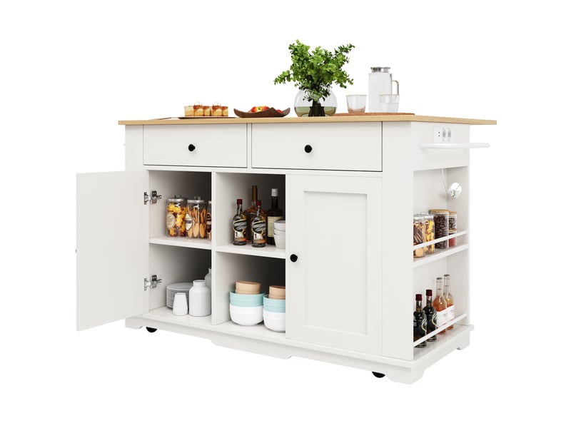  Îlot de cuisine mobile avec prises, 2 tiroirs, plateau rabattable, blanc naturel  - Conforama A