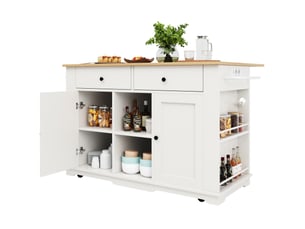 Îlot de cuisine mobile avec prises, 2 tiroirs, plateau rabattable, blanc naturel