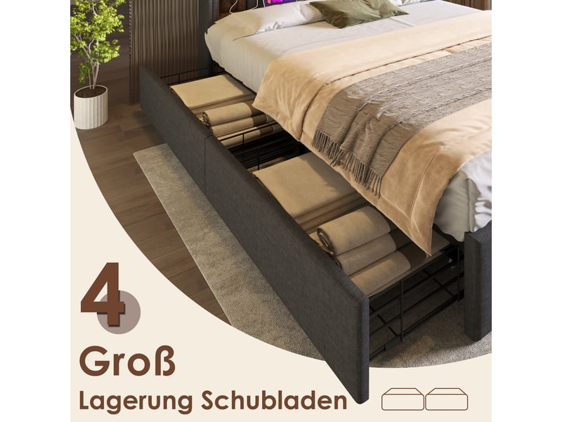 Lit rembourré, lit double 160x200 cm, 4 tiroirs, charge sans fil, usb, sommier à lattes, matelas inclus, lin gris - Conforama R