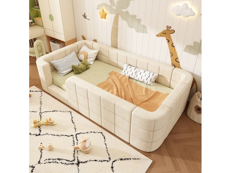  Lit enfant 90 × 200 cm avec barrière de protection rembourrée et sommier à lattes, en chenille beige, pour chambre  - Conforama B