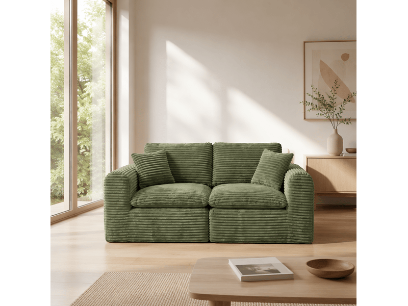  Canapé d'angle modulaire 3 places convertible en couchage avec 3 modules en velours côtelé vert, 280 × 180 × 65 cm  - Conforama E