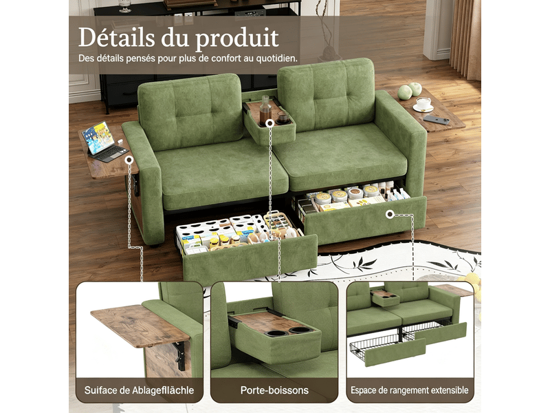  Canapé droit, 2 places, avec 2 compartiments de rangement et assise réglable, porte-boissons, 178 x 71 x 57 cm, vert  - Conforama E