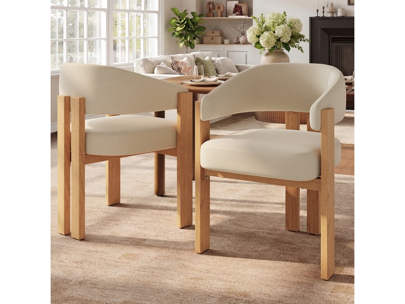  Lot de 6 chaises de salle à manger beige, dossier ergonomique, assise rembourrée, pieds métal effet bois naturel, patins réglables, charge 150 kg  - Conforama C