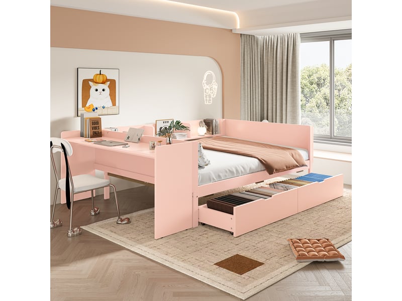  Lit plat en bois, 140 x 200 cm, avec bureau, équipé de 2 tiroirs, lit double (sans matelas), avec étagères, pin et panneaux de particules, rose  - Conforama B