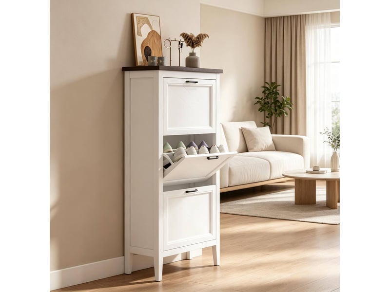  Meuble à chaussures étroit 12 à 18 paires, 3 compartiments abattants, blanc, mdf  - Conforama E