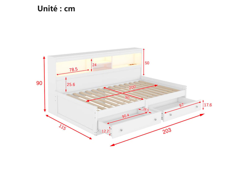  Lit banquette 90x200 cm - lit enfant multifonction avec ports usb et lumière led intégrée - structure mdf robuste - sans matelas - blanc  - Conforama C