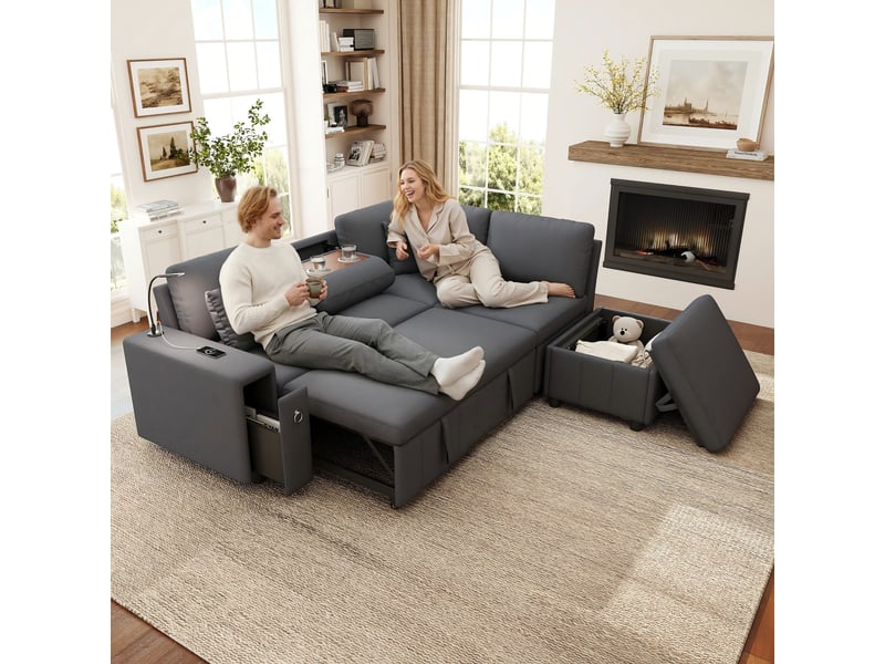  Canapé d'angle convertible 5 places, coffre de rangement, pouf, table rabattable, usb et usb-c, lampe led de lecture - gris  - Conforama B