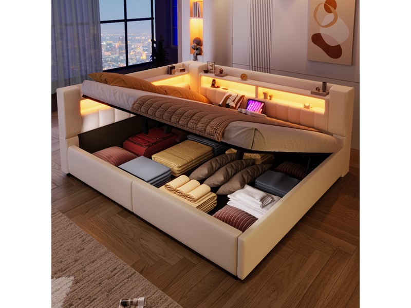 Lit coffre hydraulique 140x200 cm avec led et usb-c, tissu lin beige, structure mdf, sans matelas - Conforama B